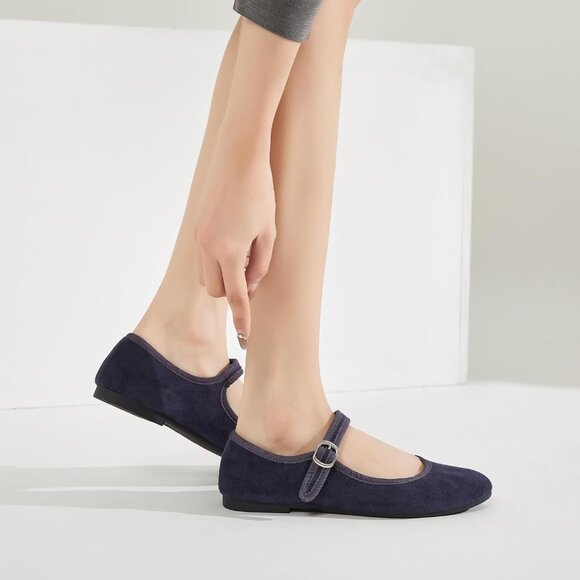 Babudog Womens Navy Faux Suede Rounded Toe Ankle Strap With Buckle Flats - Picture 4 of 9